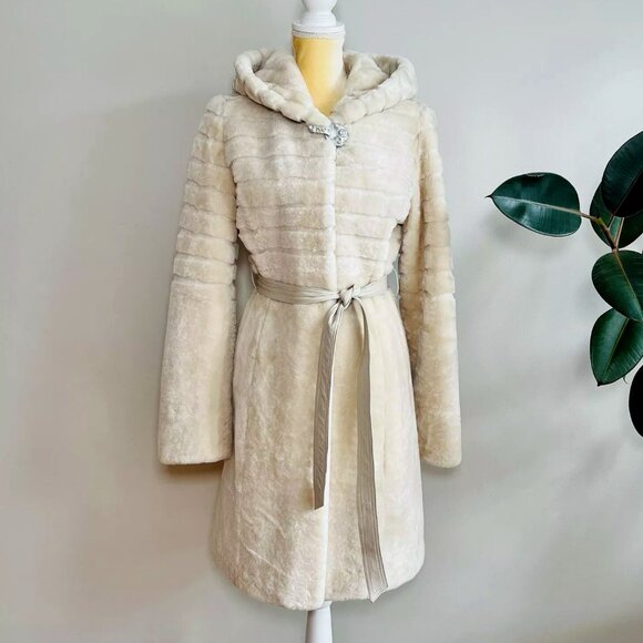 luckymarten Jackets & Blazers - Natural mouton fur coat Women's  Leather Belt Hooded